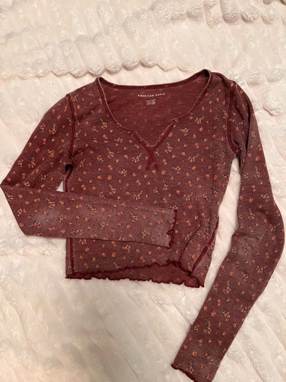 American Eagle Maroon Floral Waffle Long Sleeve Top